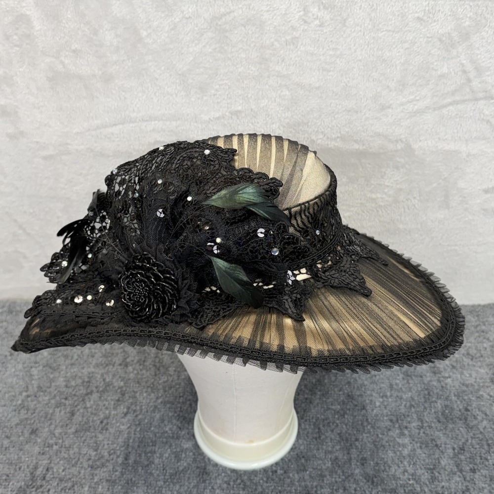 Ms Divine Hat Sun Womens Black Lace Tulle Wide Brim Sequin Feathers Derby Church